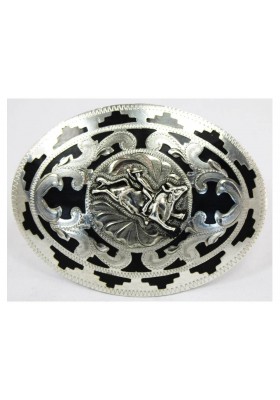 FIBBIA IN ARGENTO SFONDO NERO FIGURINA DI BULLRIDING IN ARGENTO