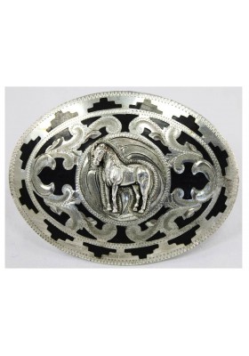 FIBBIA IN ARGENTO SFONDO NERO CAVALLO ARGENTO FIG