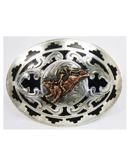 FIBBIA IN ARGENTO SFONDO NERO FIG BULLRIDING RAME
