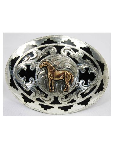 BOUCLE ARGENT FOND NOIR FIG CHEVAL BRONZE