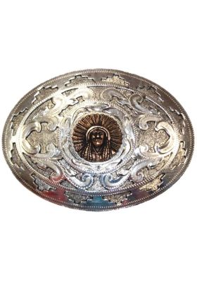 BOUCLE ARGENT VIEILLI FOND ARGENT FIG TÊTE INDIEN CUIVRE